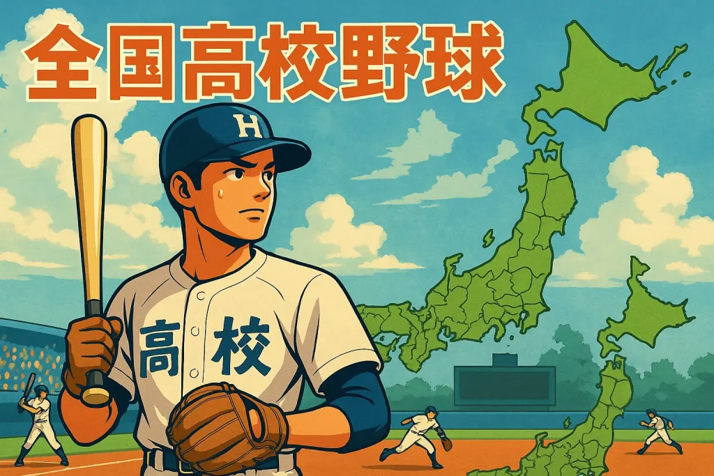 全国高校野球と日本地図を背景にした高校球児のイメージ画像