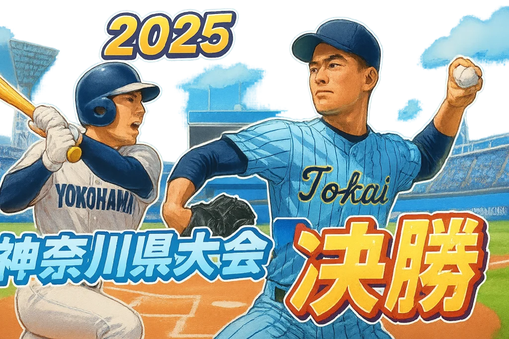 2025年夏の高校野球神奈川大会決勝、横浜高校と東海大相模のユニフォームが横浜スタジアムを背景に対峙するイラスト