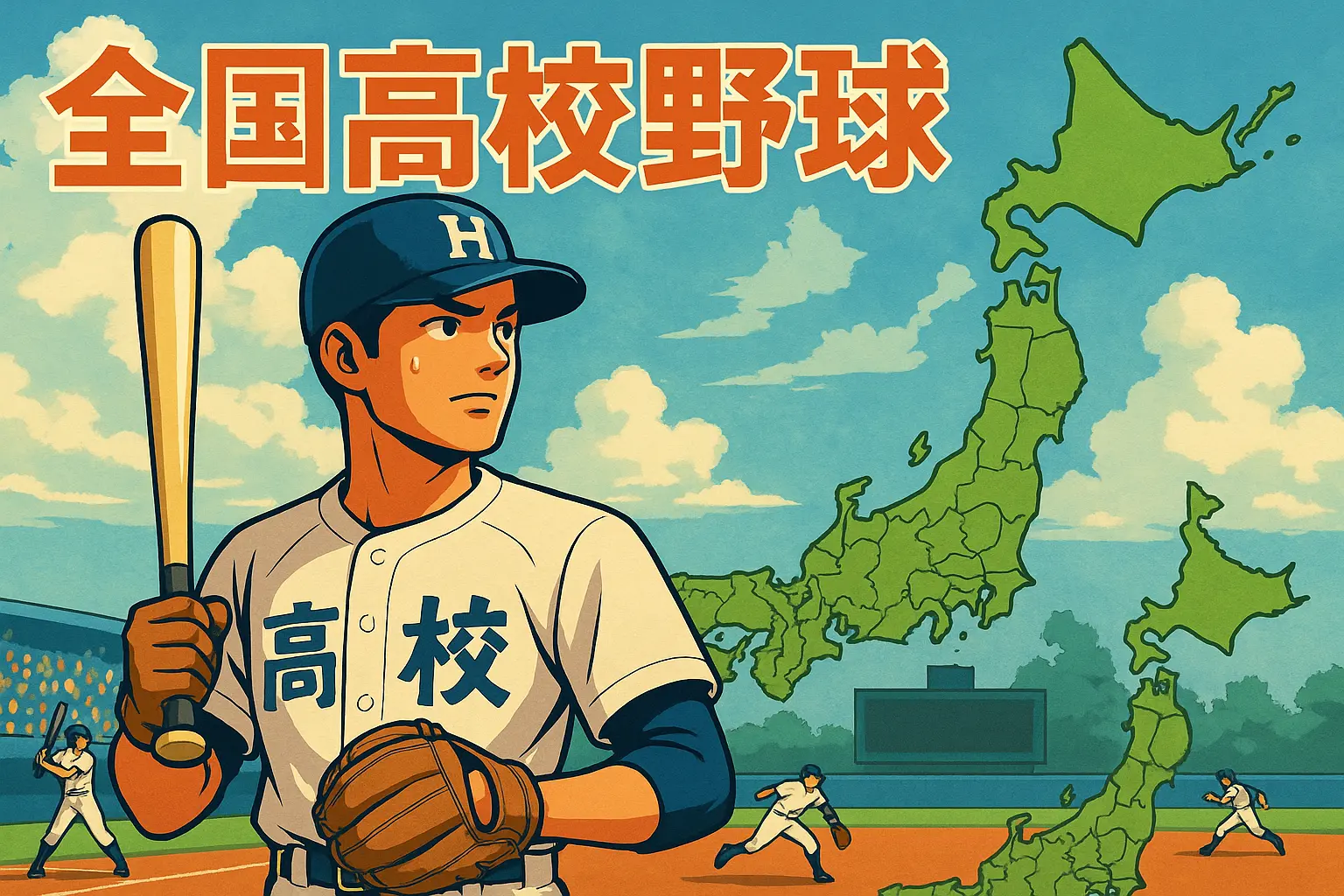 全国高校野球と日本地図を背景にした高校球児のイメージ画像