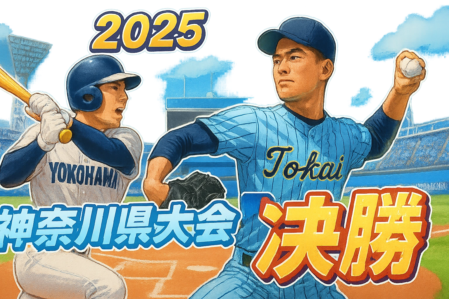 2025年夏の高校野球神奈川大会決勝、横浜高校と東海大相模のユニフォームが横浜スタジアムを背景に対峙するイラスト