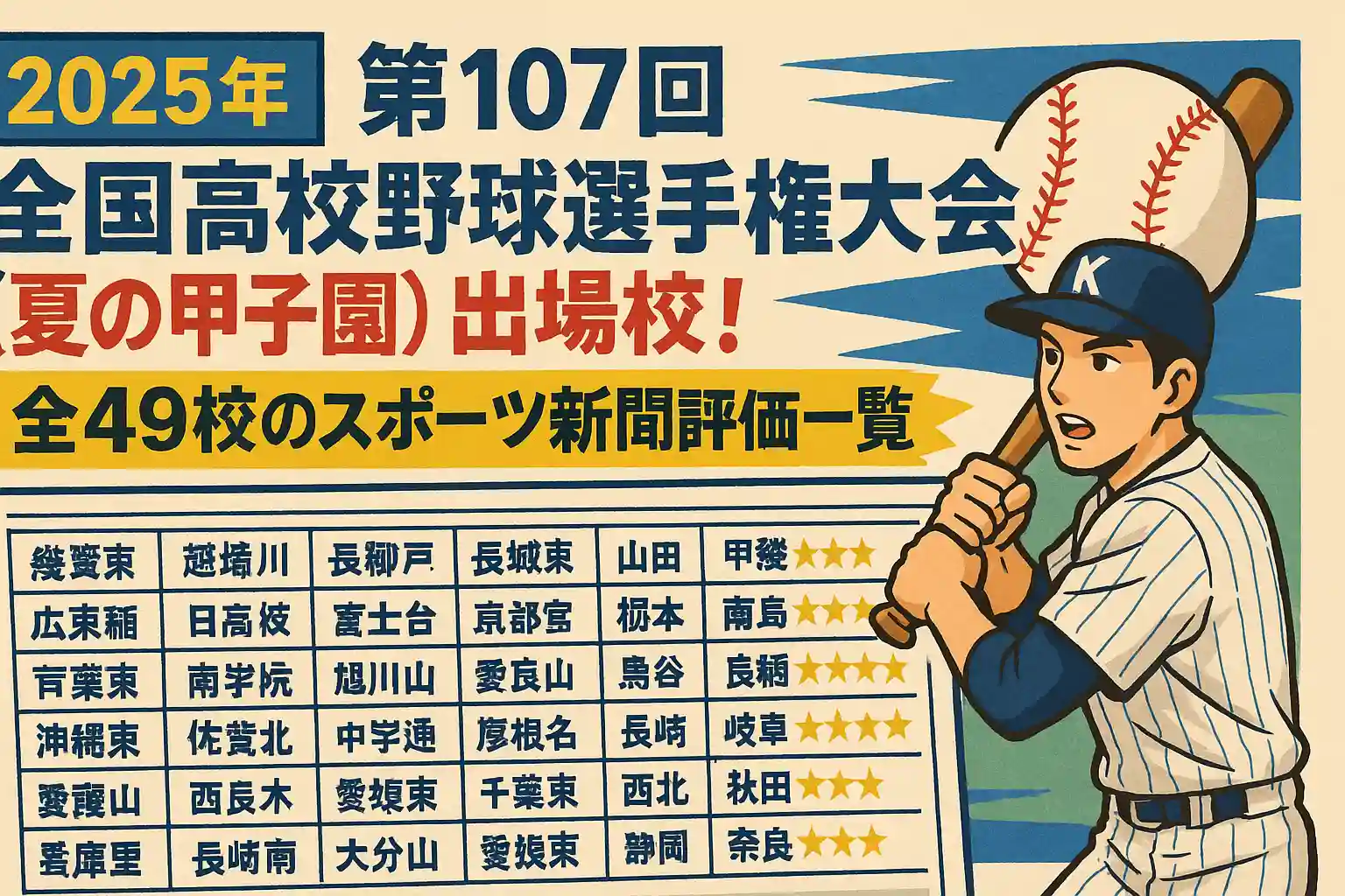 【2025年】第107回全国高校野球選手権大会（夏の甲子園）出場校！全49校のスポーツ新聞評価一覧